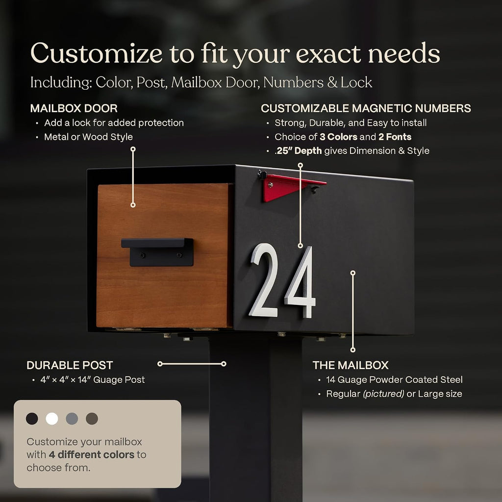 post & porch Malone Mailbox | Post Mounted Mailbox | Black/White/Gray/Brown/Red/Blue/Green, Regular or Large, Weatherproof Mail Box for Outside, Customizable (Blue, Regular)