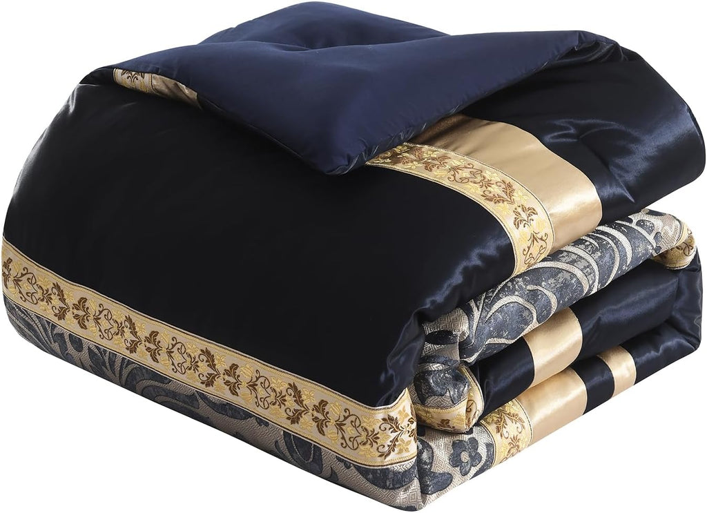 Finlonte Comforter Set California King Size, Navy Blue Gold, 7-Piece Bed in a Bag for All Seasons, Luxury Vintage Floral Jacquard Damask Patchwork, Bedding Sets with Bed Skirt, Shams and Decor Pillows
