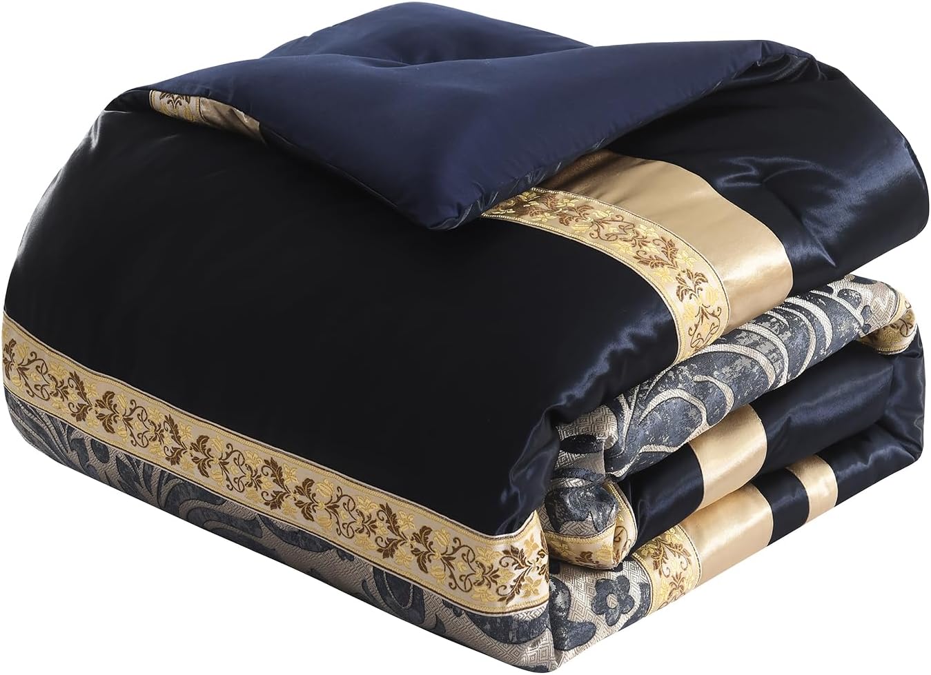 Finlonte Queen Size Comforter Set, Navy Blue Gold, 7 Piece Bed in a Bag for All Seasons, Luxury Vintage Floral Jacquard Damask Paisley Patchwork, Bedding Sets with Bedskirt, Shams and Decor Pillows