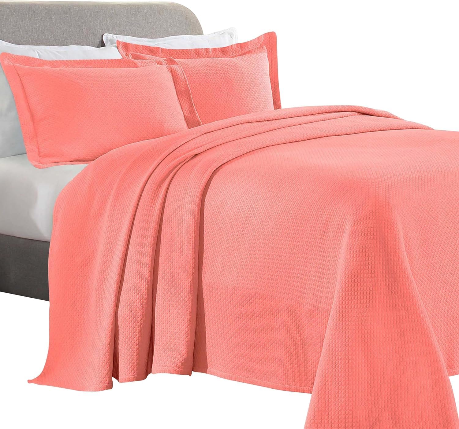 Superior Solitaire Cotton 3 Piece Bedspread Set, Home Bed Decor, Decorative Textured Bed Spread, 2 Pillow Shams, Airy Blanket, Matelasse Coverlet Bedding, All-Season Accent Blanket, Queen, Coral
