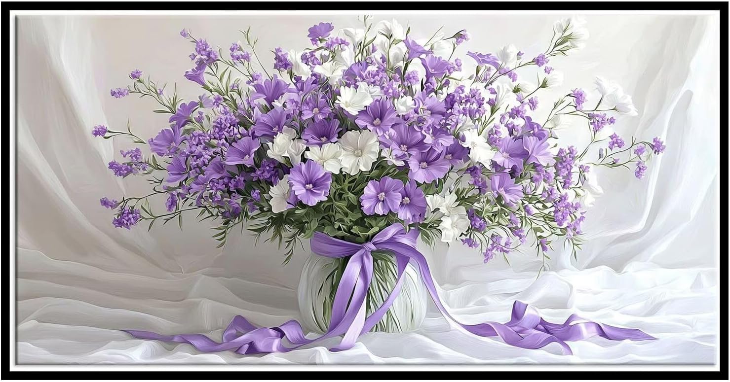 Purple Flowers Diamond Art Kits for Adults, Large 5D Diamond Painting Kits for Adults Beginners, DIY Full Drill Gem Arts and Crafts for Kids, Paint by Numbers Art, Home Decor 36x72 inch C-874