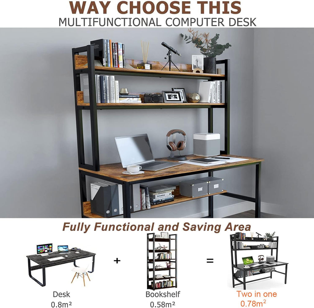 Aquzee Computer Desk with Hutch, 47'W x 23.6' D Desk with Shelves, Tall Home Office Desk with Bookshelf, Metal Legs Study Table with Upper Storage Shelf for Study Writing/Workstation