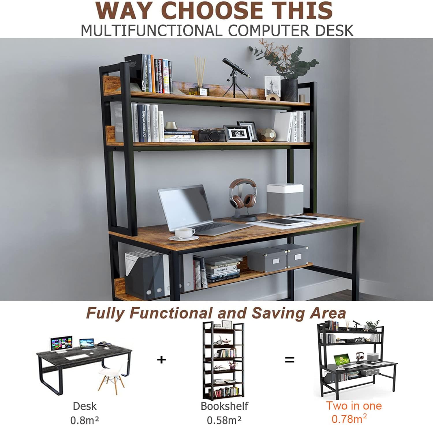Aquzee Computer Desk with Hutch, 47'W x 23.6' D Desk with Shelves, Tall Home Office Desk with Bookshelf, Metal Legs Study Table with Upper Storage Shelf for Study Writing/Workstation