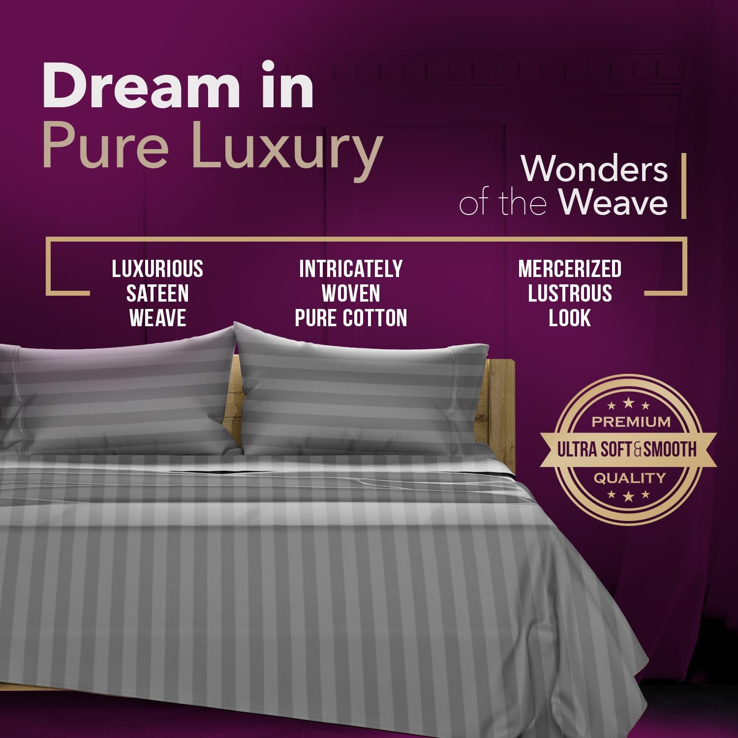 TEXAS LINEN CO. 100% Egyptian Cotton Queen Sheets Set - Luxury 1200 Series Star Sleepin' Damask Egyptian Cotton Sheets Queen Size (4 PC, Dark Grey Stripe), 17' Deep Pocket, Cooling Hotel Bedding Set