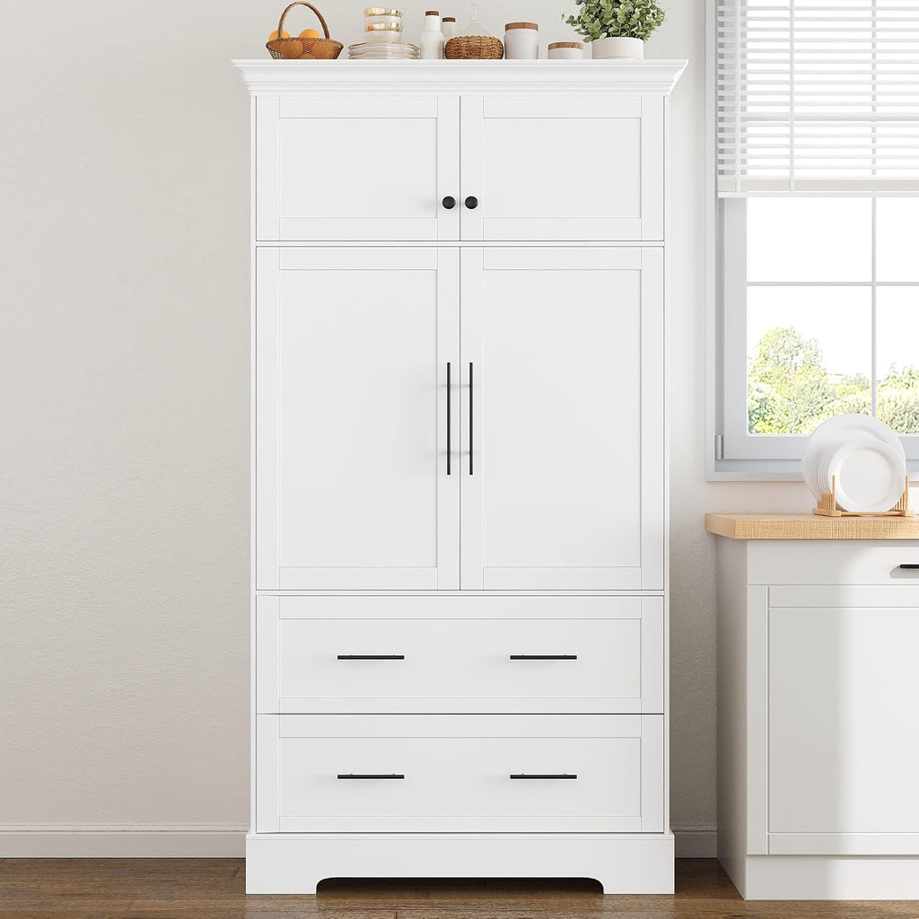 Freestanding Kitchen Pantry Storage Cabinet, 72.6''H Tall Wooden Kitchen Organizers with 2 Doors, Pull-Out Trays, 2 Drawers and Cake Pan Storage for Dining Room Living Room (White-1.12)