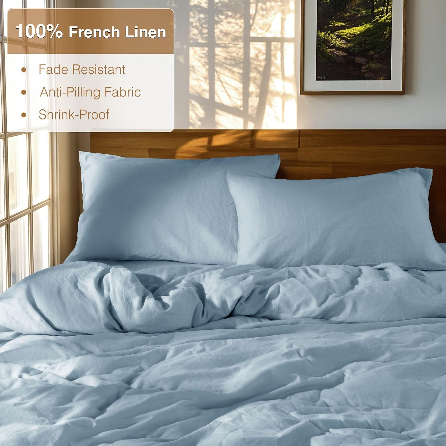 SONORO KATE 100% French Linen Duvet Cover Queen Size, Soft Breathable for Hot Sleepers, Moisture Wicking & Durable Cover Set - Zipper Closure & 4 Corner Ties Duvet Covers 3 Piece (Dusty Blue,Queen)