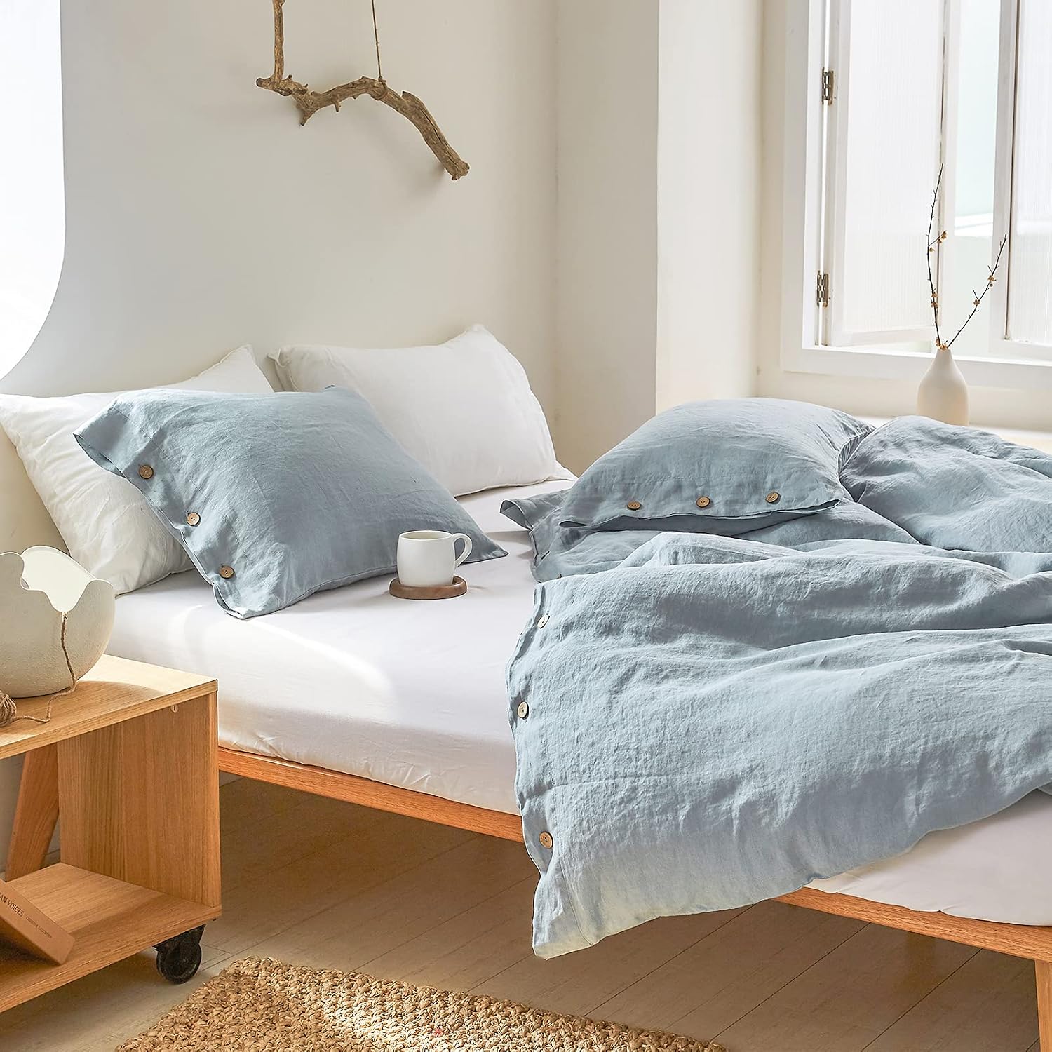 Simple&Opulence 100% Linen Duvet Cover Set 3pcs with Coconut Button Closure Natural French Washed Flax Solid Color Soft Breathable Farmhouse Bedding - Dusty Blue, Queen Size