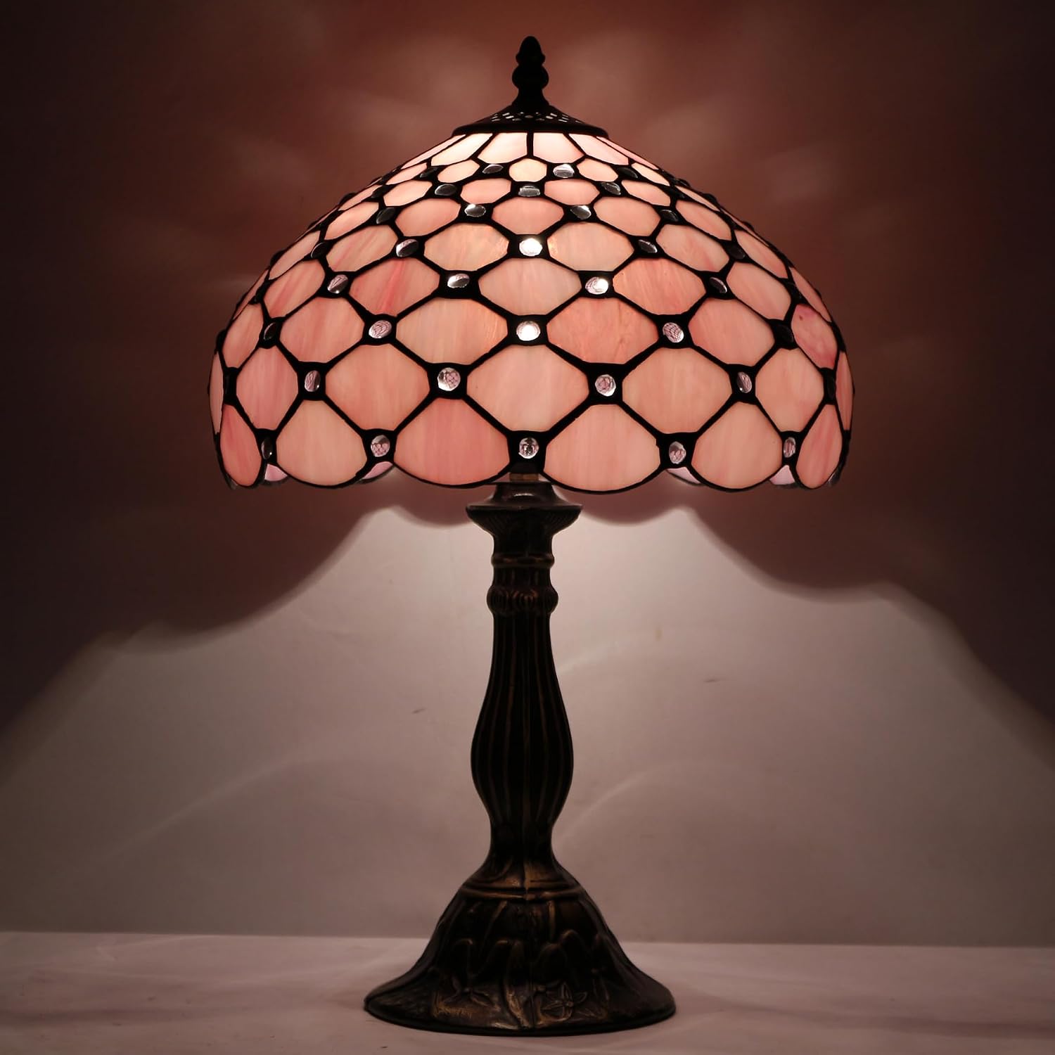 WERFACTORY Tiffany Lamp Pink Stained Glass Bead Table Lamp Desk Bedside Reading Light 12X12X18 Inches Deco Bedroom Living Room Home Office S005 Series