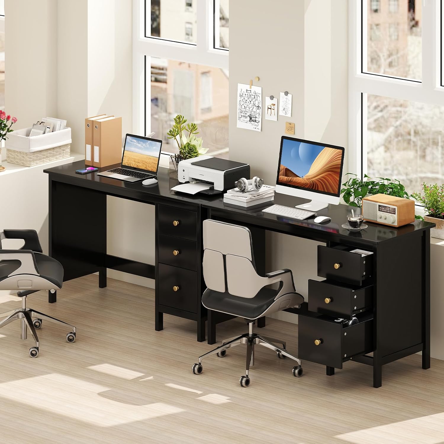 Giantex Black Desk with Drawers, 48 Inch Home Office Desk with Anti-Toppling Device, Multifunctional Computer Workstation, Wood Study Writing Desk for Small Spaces, Bedroom