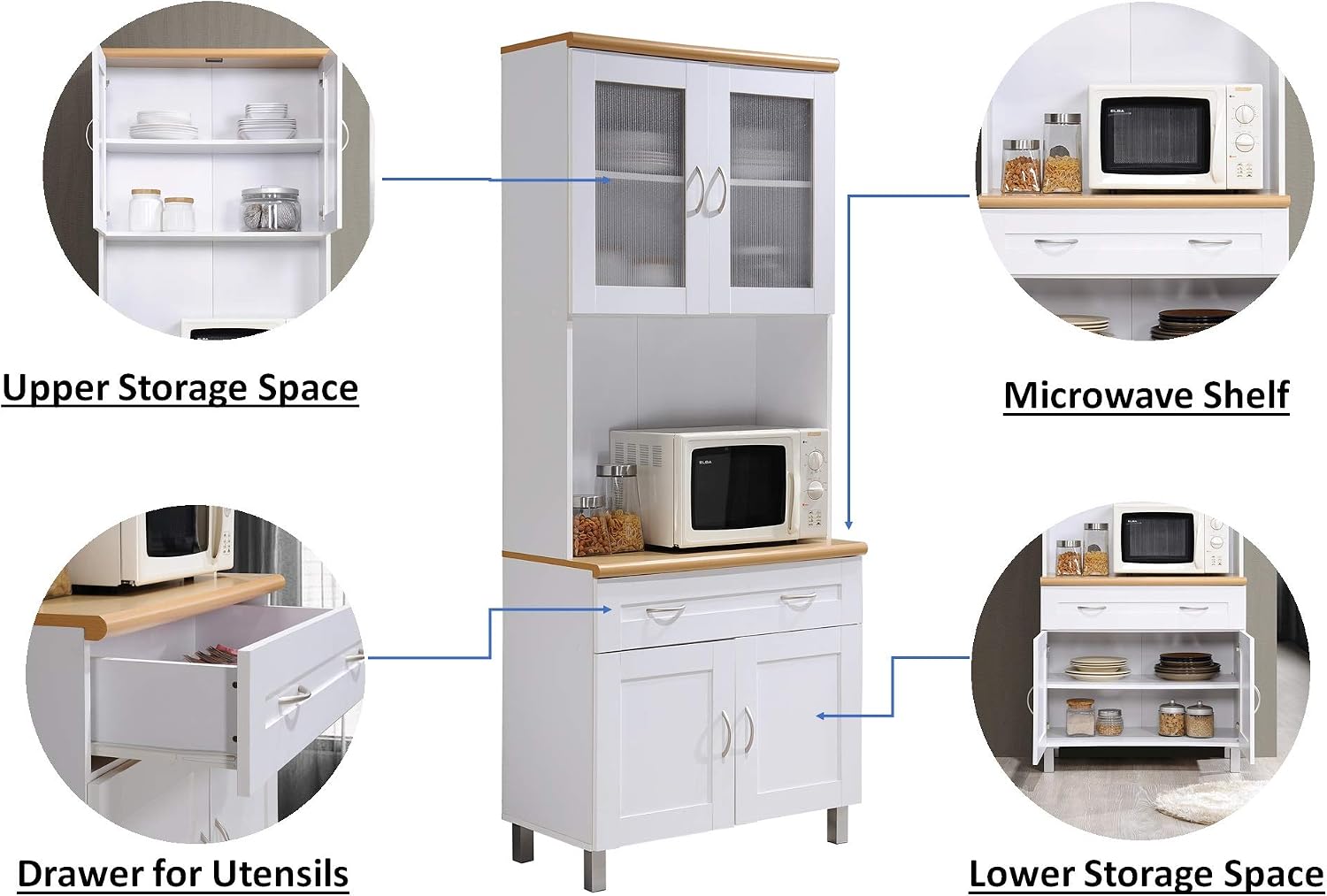 HODEDAH IMPORT Tall Standing Kitchen Cabinet with Top and Bottom Enclosed Cabinet Space, 1-Drawer, Large Open Space for Microwave in White