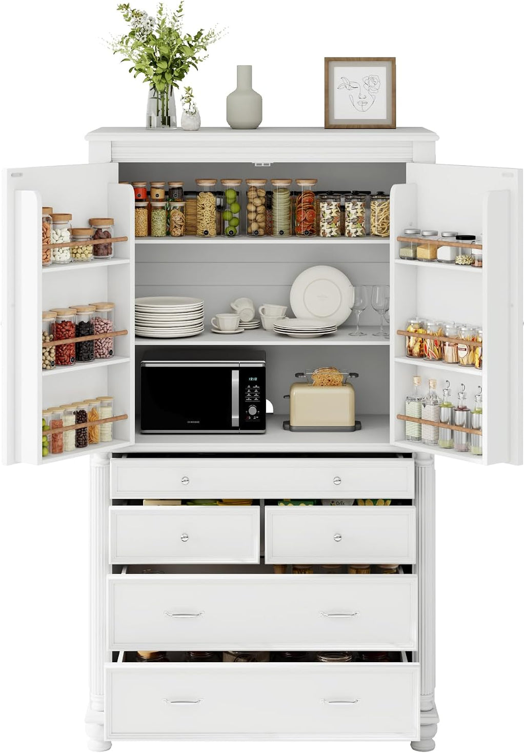 77.3 inch Tall Kitchen Pantry Cabinet with 6 Door Shelves and 2 Adjustable Shelves, Wooden Storage Cabinet Cupboard with 6 Drawers for Kitchen, Dining (White-83)