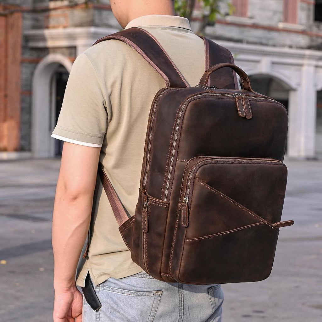 Vintage Full Grain Leather Backpack for Men, 16' Laptop Rucksack For Men Hiking Trave Work Business Bag, Dark Brown