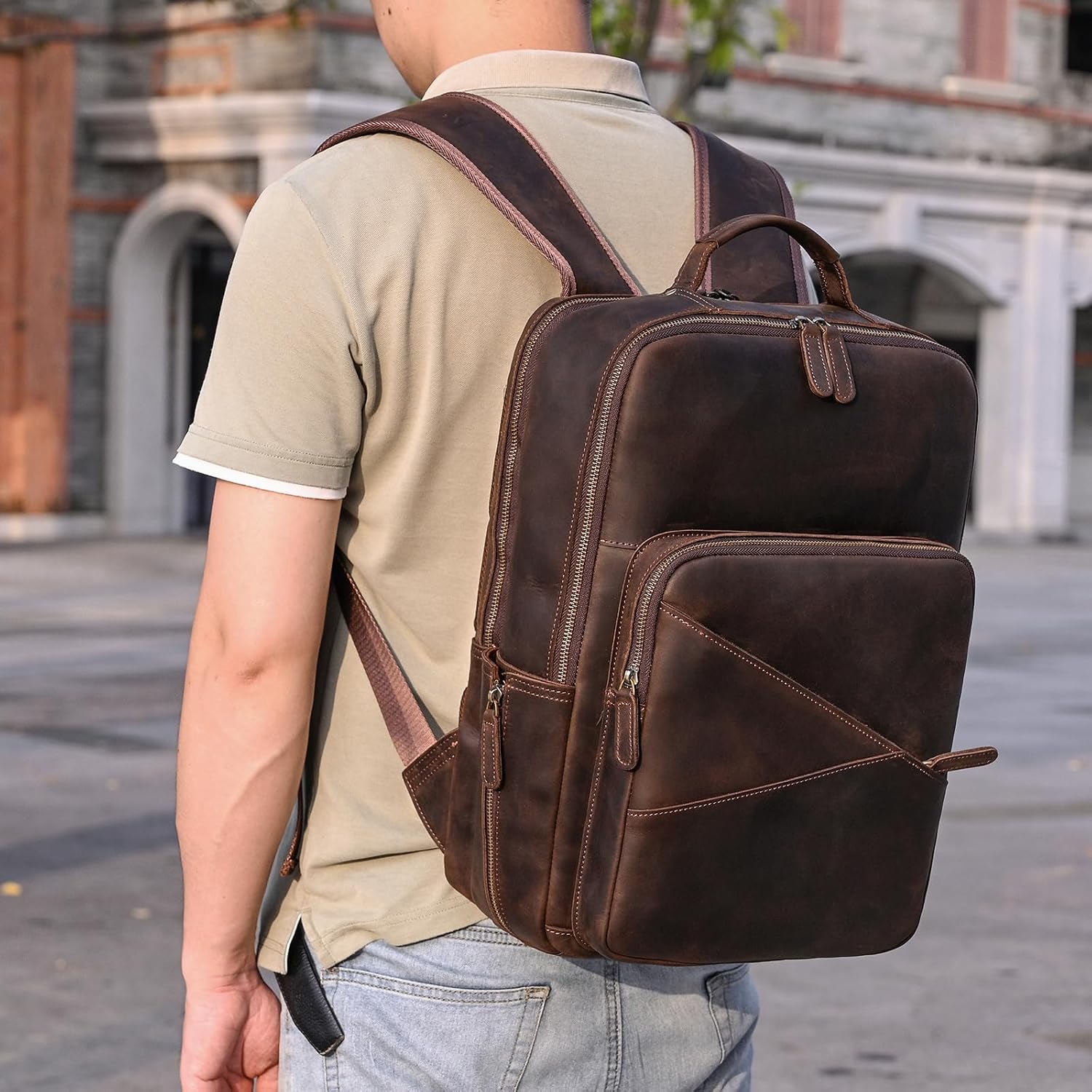 Vintage Full Grain Leather Backpack for Men, 16' Laptop Rucksack For Men Hiking Trave Work Business Bag, Dark Brown
