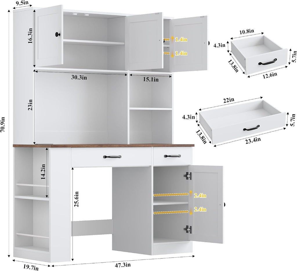 Keyluv 71' Tall Computer Desk with Hutch Cabinet, Home Office Desk with Storage Drawers Shelves and Side Rack, Wood Executive Desk with Doors, Outlet Station and Smart LED Lights, White