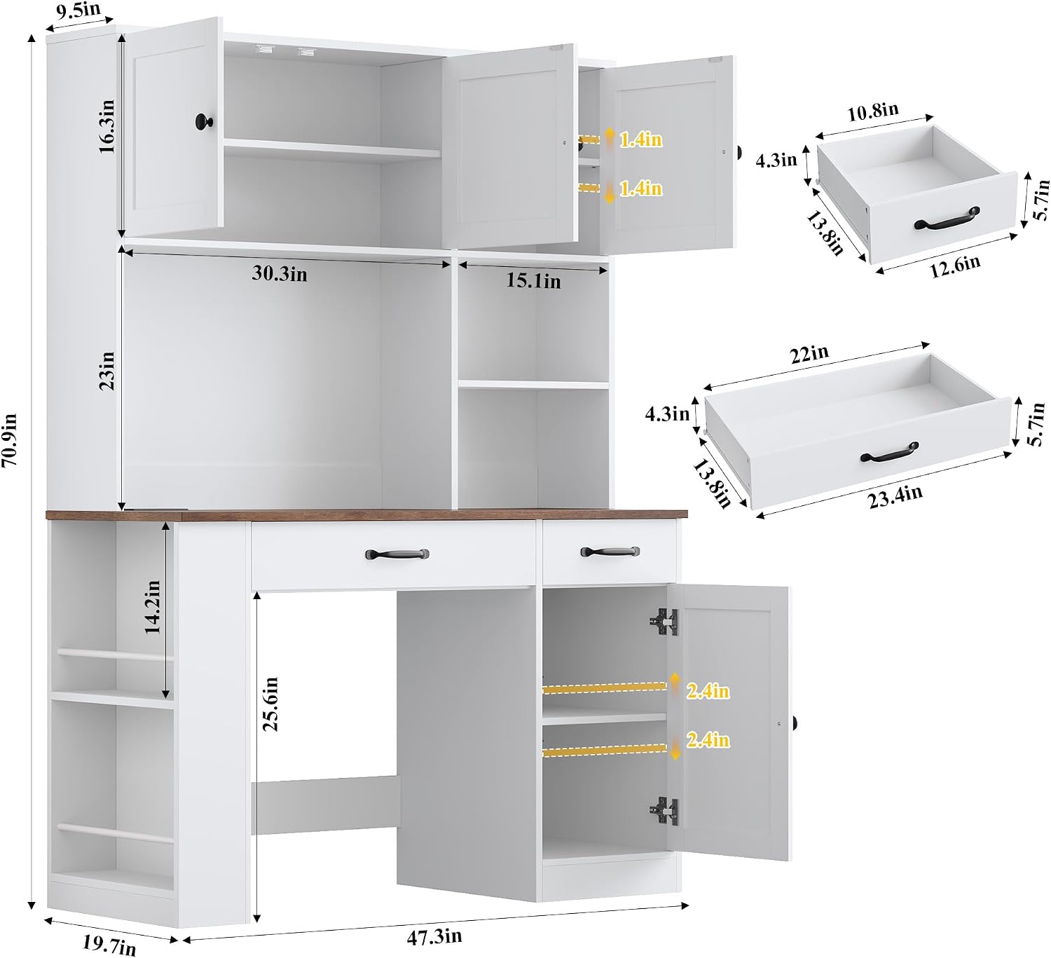 Keyluv 71' Tall Computer Desk with Hutch Cabinet, Home Office Desk with Storage Drawers Shelves and Side Rack, Wood Executive Desk with Doors, Outlet Station and Smart LED Lights, White