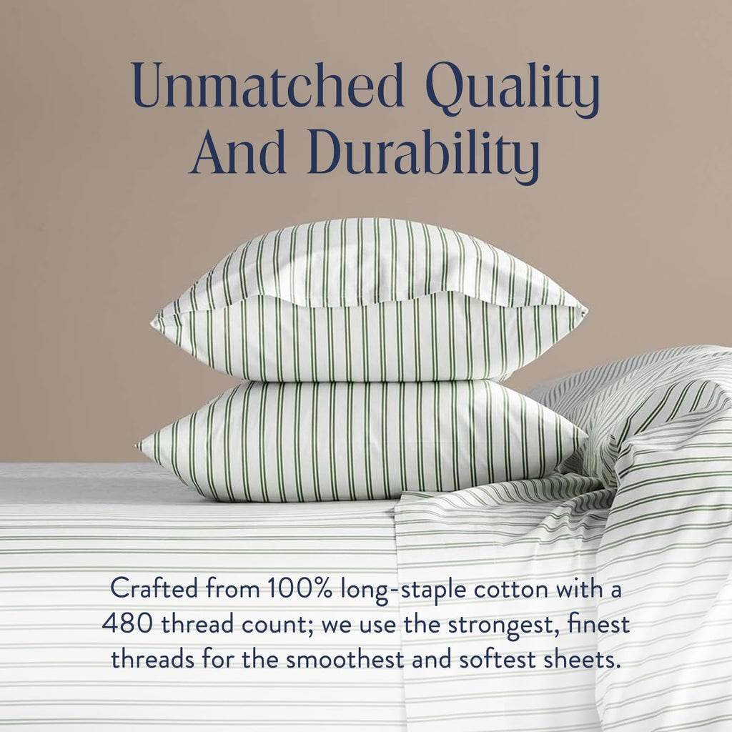 Brooklinen Luxury Sateen Duvet Cover - 100% Cotton, Full/Queen Size in Green Tandem Stripe with Extra-Long Corner Ties and Button Closure - Best Full/Queen Duvet Covers