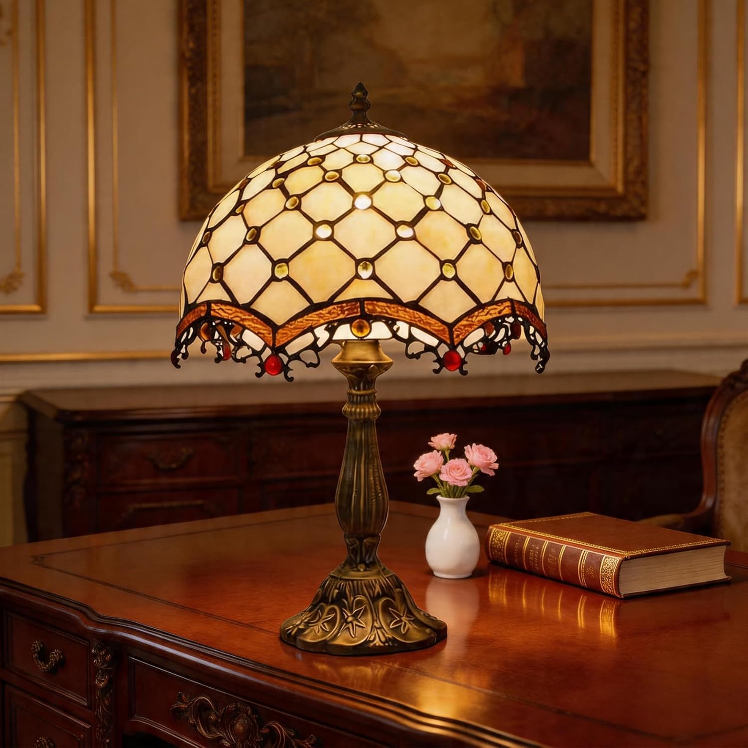 Tiffany Lamp Cream Amber Stained Glass Bead Table Lamp Desk Bedside Reading Light 12X12X18 Inches Deco Bedroom Living Room Home Office