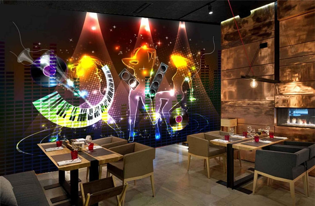Mystic Walls MWZ3526 Singing Girls Musical Instruments Signs HD 3D Wallpaper for Disco Club Karaoke[14 ft x 11 ft] / [427 cm x 335 cm]