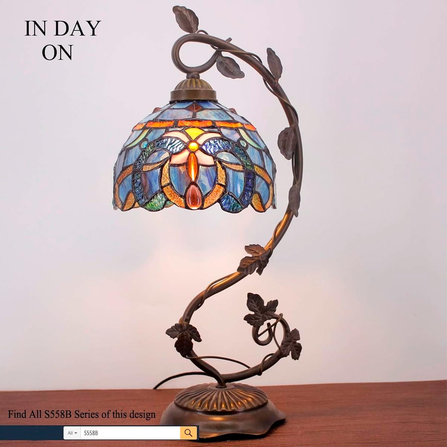 WERFACTORY Tiffany Lamp Cloudy Blue Stained Glass Table Lamp, Metal Leaf Base 8X10X21 Inches Reading Desk Light Decor Small Space Bedside Bedroom Home Office S558 Series