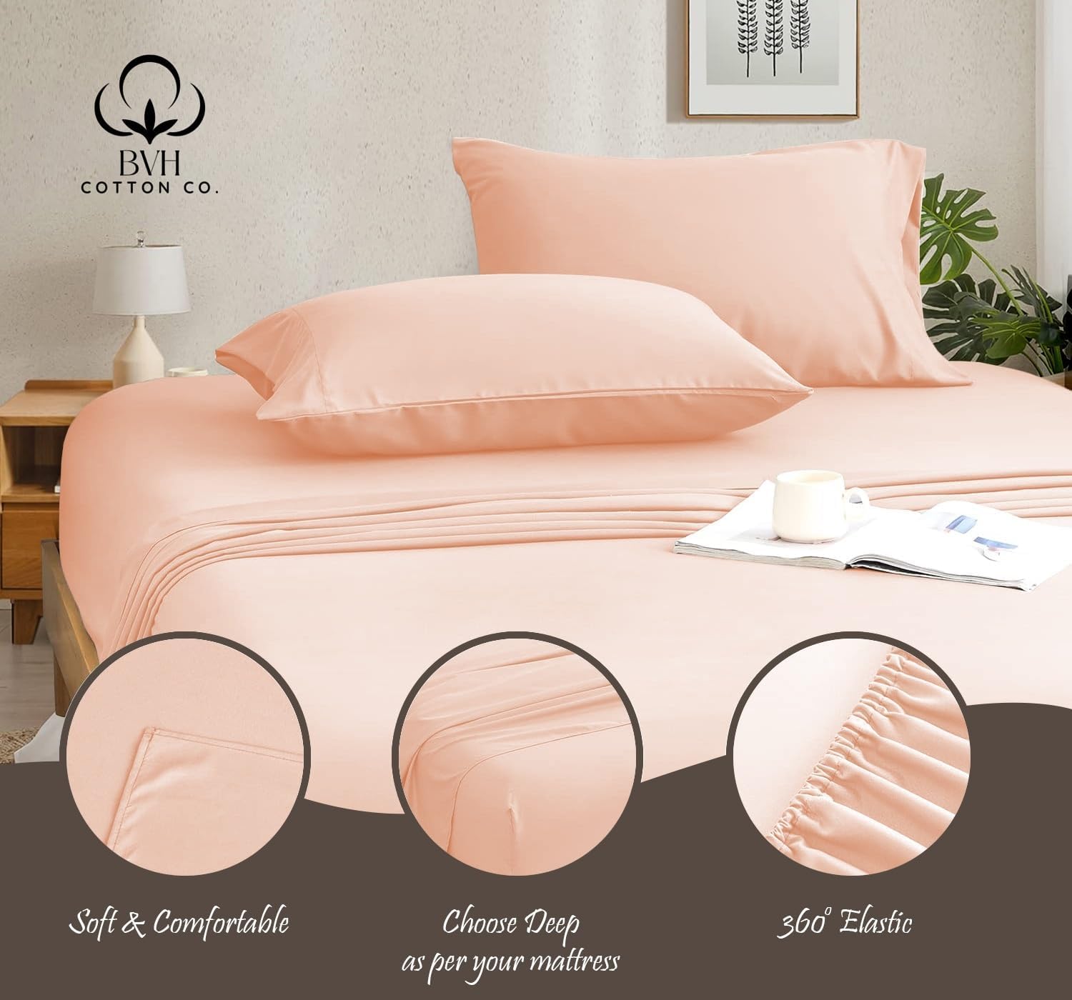 Egyptian Cotton Queen Size Sheet Set, 4Pc Bed Set, Soft & Breathable Percale Weave, Fits 10-12' Deep Pocket, Hotel-Quality 1000 Series Bed Sheets (Solid, Peach)