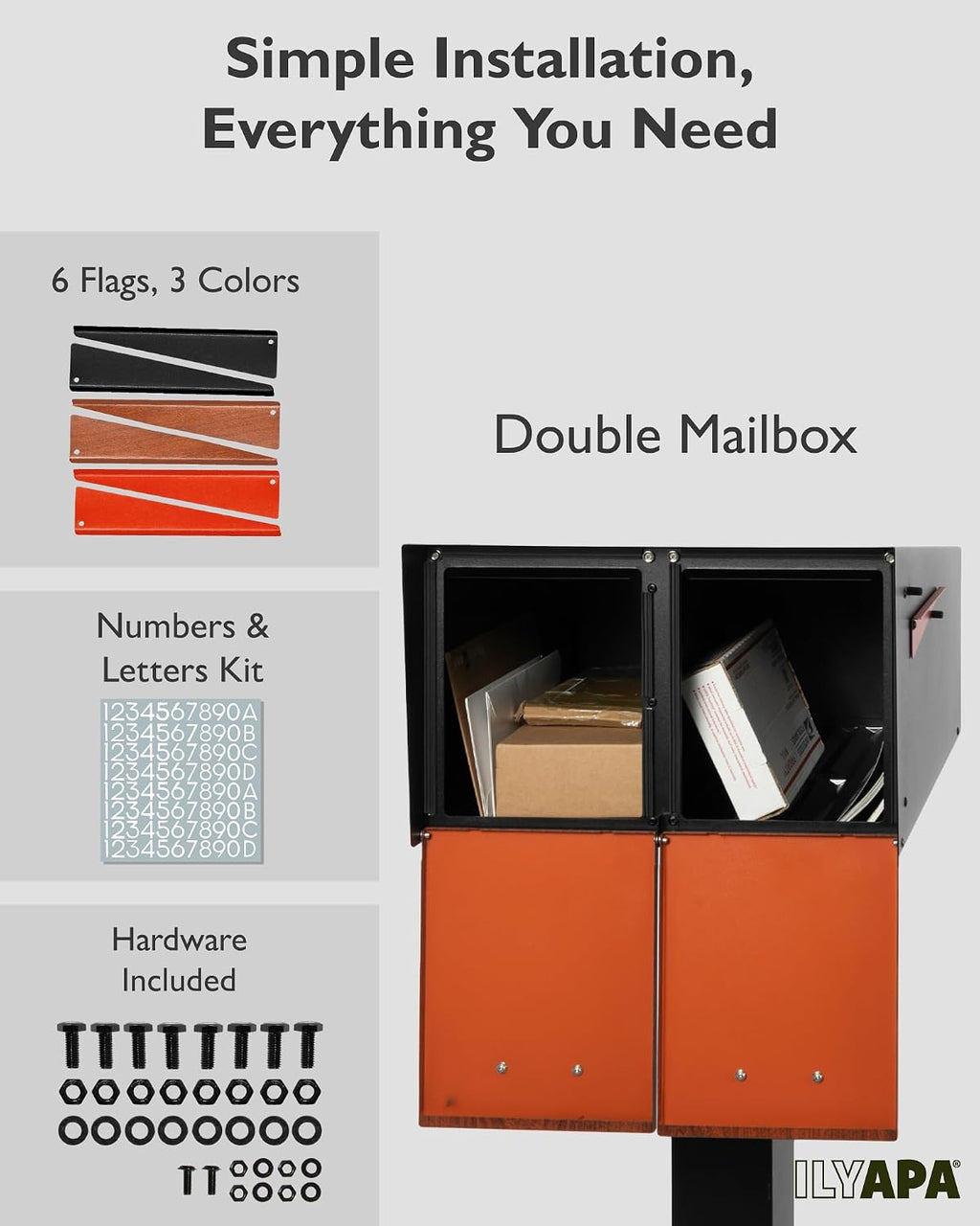 Ilyapa Black Double Mailbox, Post Mount Mailboxes for Outside- Two Sided Mail Box for 2 Houses with Standard Single Mounting, Door Numbering Kit, Outdoor All Weather with Magnetic Doors