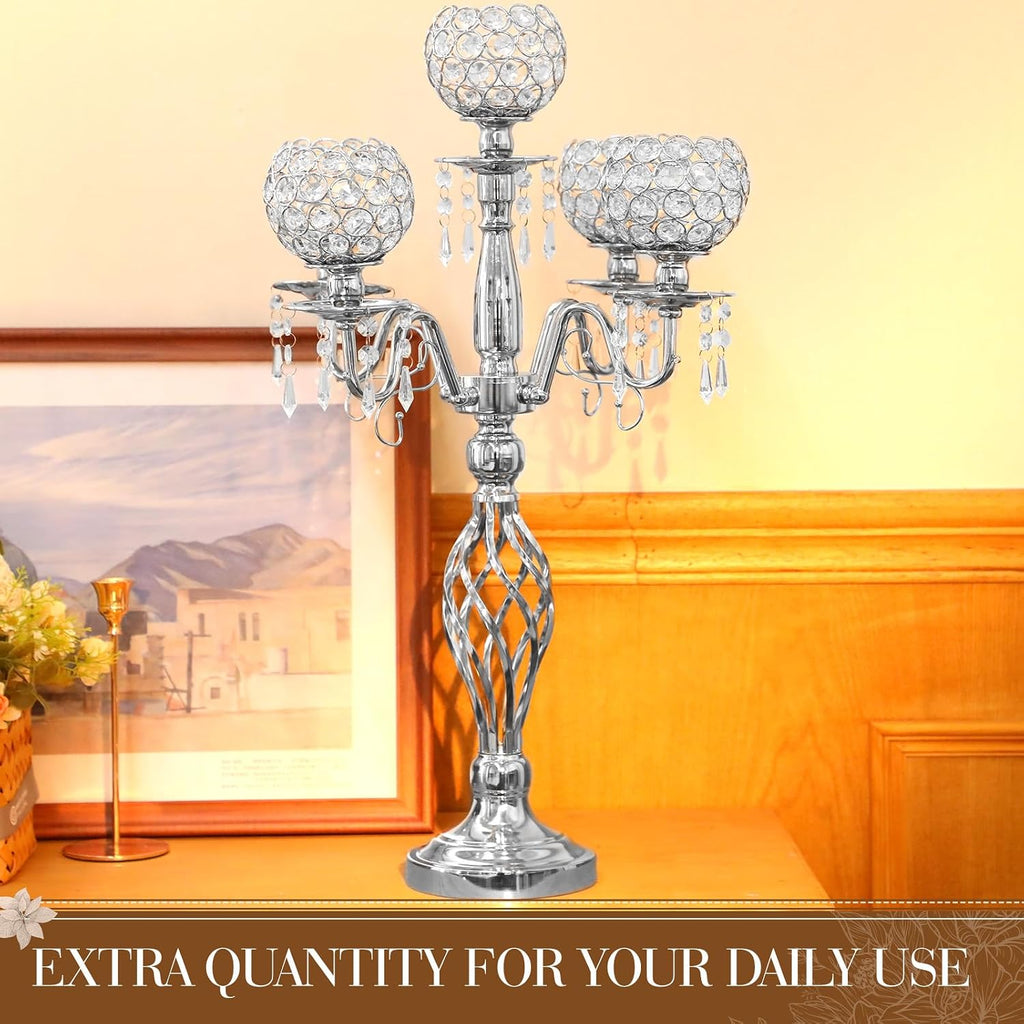 Nitial 8 Pcs 5 Arm Crystal Candelabra Centerpieces for Table 27 Inch Retro Victorian Crystal Candle Holders Bowl Table Centerpieces Decor for Wedding Banquet Valentine Dinner Party Event (Silver)