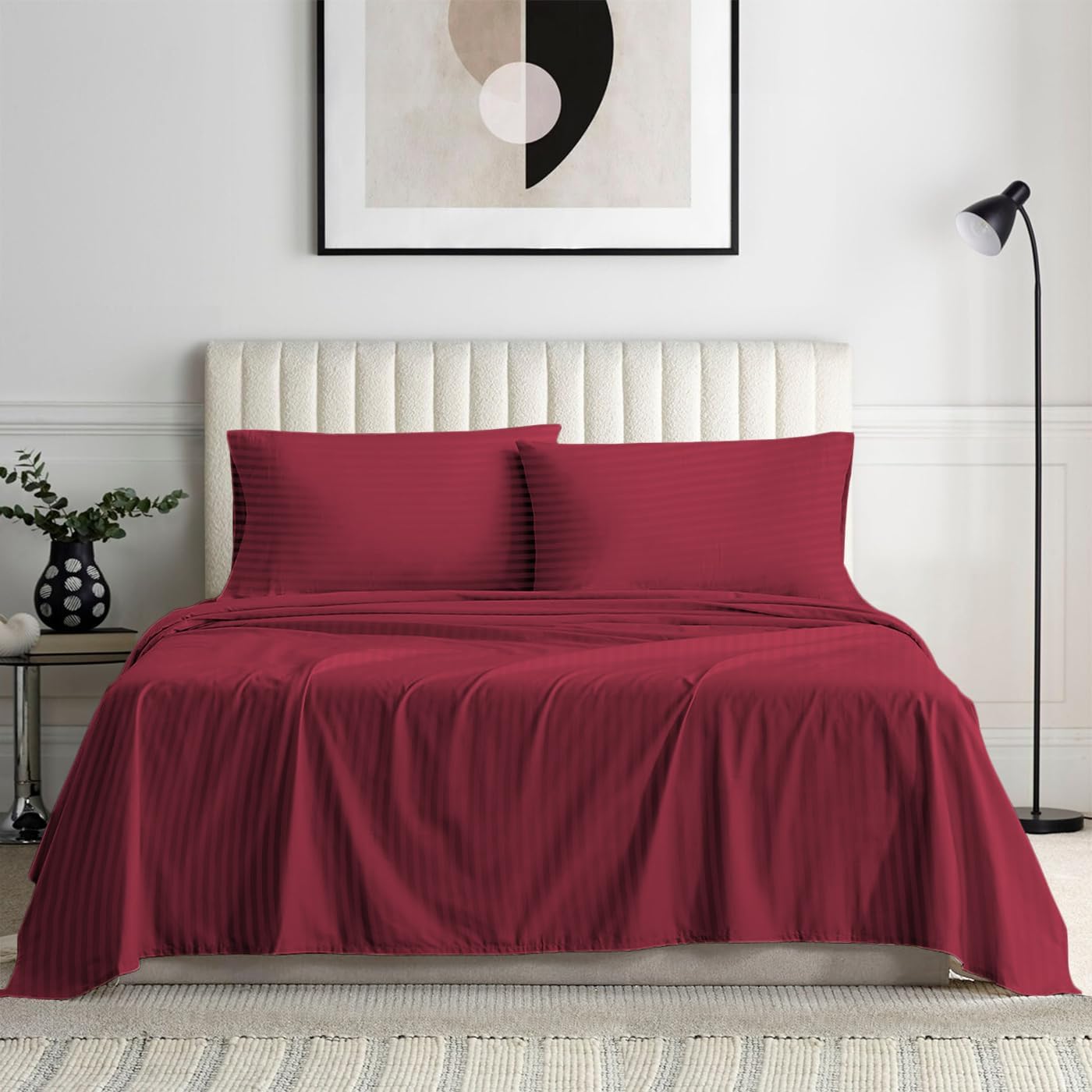 1000 Series- Extra Long Staple 100% Egyptian Cotton Sheet Set,Sateen Weave, Hotel Quality Soft Luxury Bedding, Queen Size 4 Piece Sheet Set Fit 15' Inch to 18' Deep Stripe Burgundy