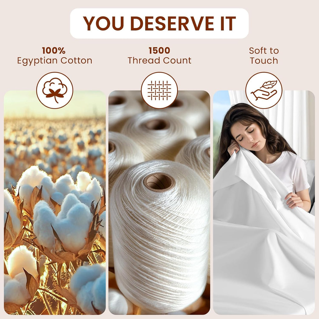 LBRO2M 1500 Thread Count Sheets 100% Egyptian Cotton Sheets Set 16 Inches Deep Pocket Queen Size Bedding 4 Pcs Sets (Queen, White)