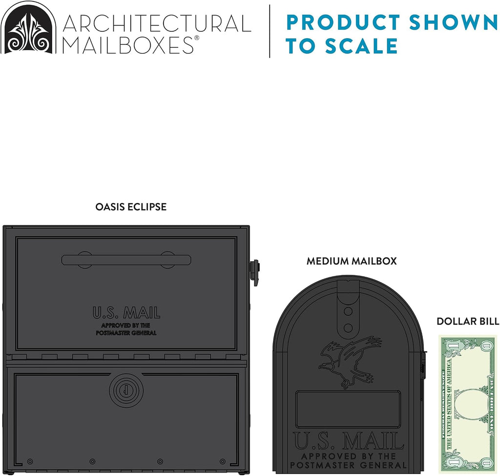 Architectural Mailboxes Oasis® Eclipse™ Secure, Locking USPS Approved Heavy Duty, Anti-Fish Steel Metal Post Mounted Mail Box for Outside, Pewter, Large Curbside Mailbox with Magnetic Latch