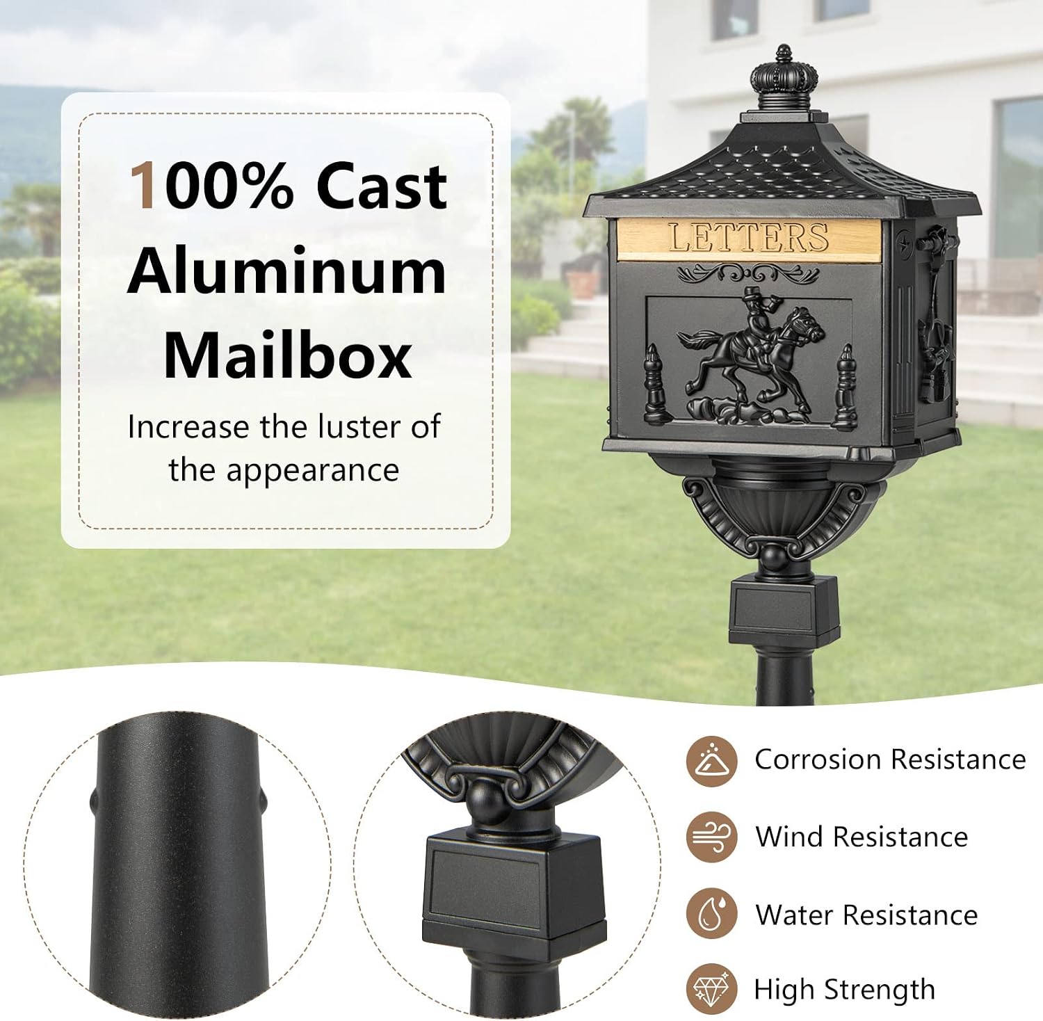 Giantex Cast Aluminum Mailbox with Post - Locking Residential Mailboxes for Outside with Keys, Baffle Door, Expansion Bolts, Address Panel, In-Ground Rust-Proof Large Security Postal Mailbox (Black)