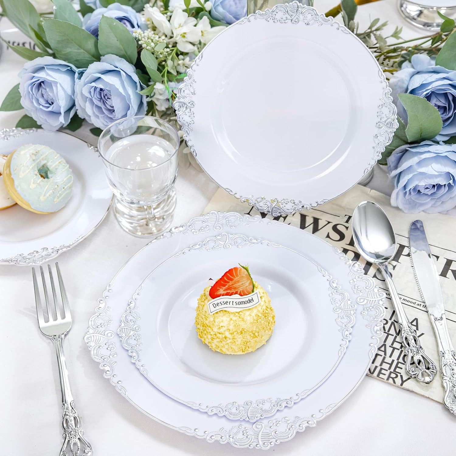 YOUBET 700PCS Silver Plastic Plates - White and Silver Disposable Plates - Silvery Plastic Dinnerware Set - Include 200 Plates, 300 Heavy Duty Silverware, 100 Cups and 100 Napkins for Wedding & Party