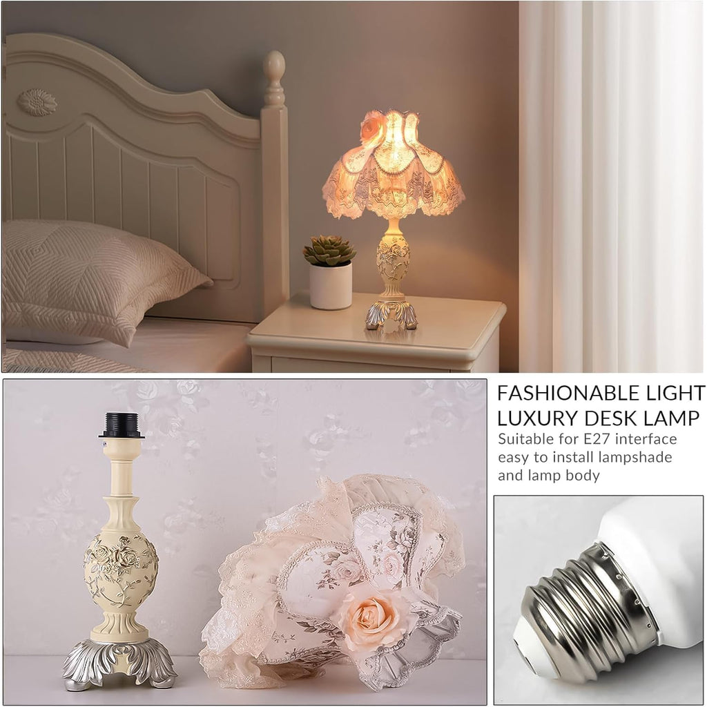 Pink European Style Desk Lamp with Fabric Shade,Victorian Table Lamp with E27 Bulb and Button Switch European Vintage Lamps for Bedroom Living Room Office Study