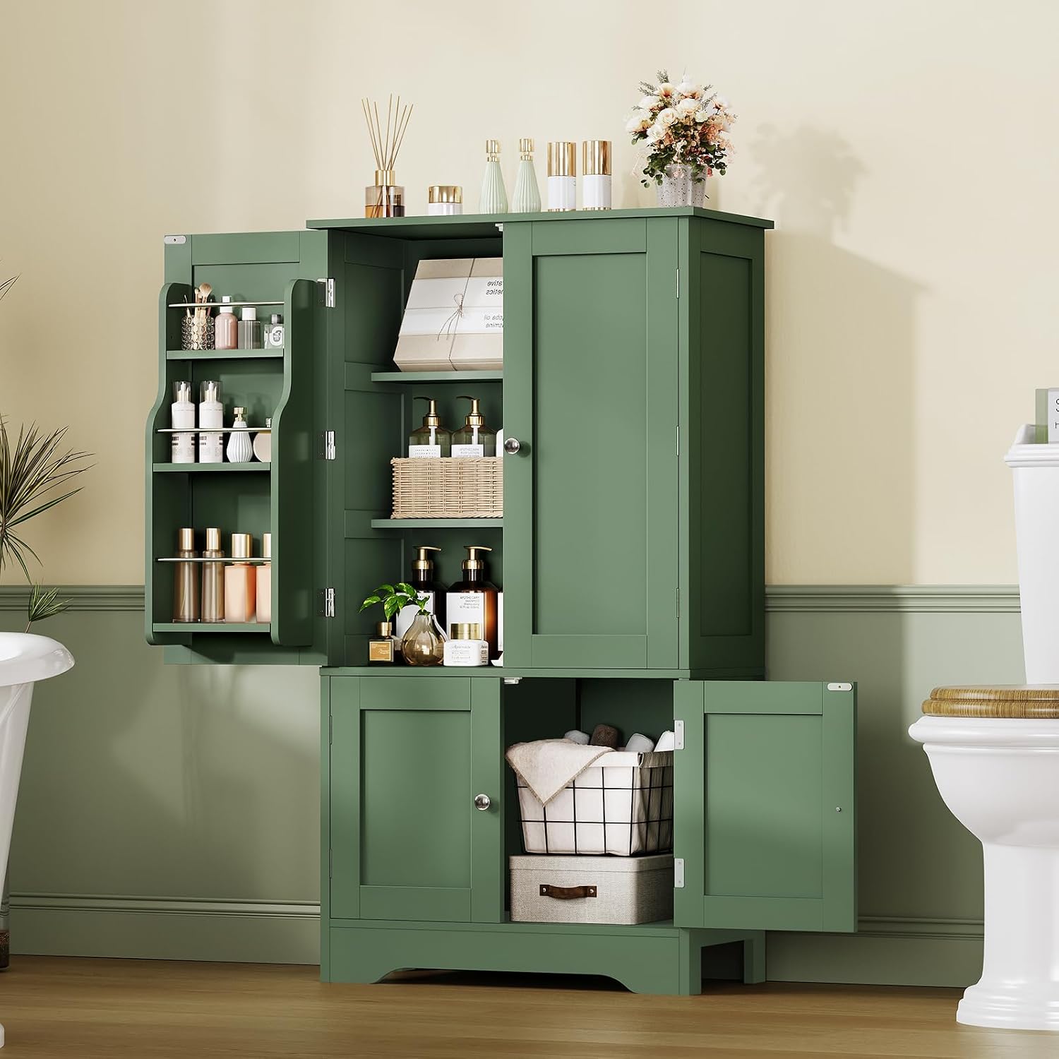 TEENFON 43' H Storage Cabinet with 4 Doors, Kitchen Cabinet with 6 Door Shelves, Kitchen Pantry Cabinets for Living Room, Dining Room, Bathroom, Forest Green