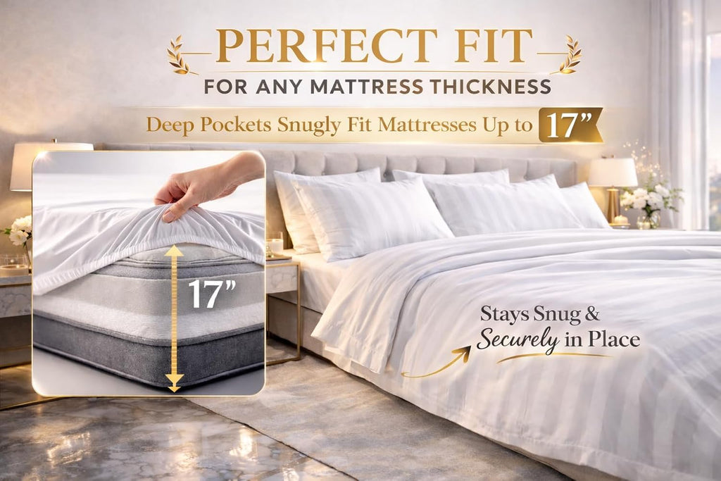 CASA ESENCIA 100% Egyptian Cotton Sheets Queen Size – 1000 Thread Count Luxury Hotel Sateen Weave Sheet Set, Soft & Breathable, 17' Deep Pocket, 4-Piece White Striped Bedding, All-Season Comfort