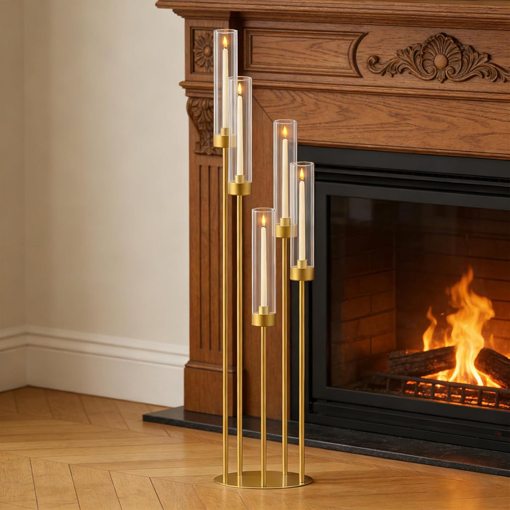 42.5in Gold Candelabra Centerpieces for Tables Candlestick Holders Decor Wedding Centerpiece Table Decorations 5 arm Candle Holder Set of 8 Acrylic lampshade Fit 0.9' LED Candle