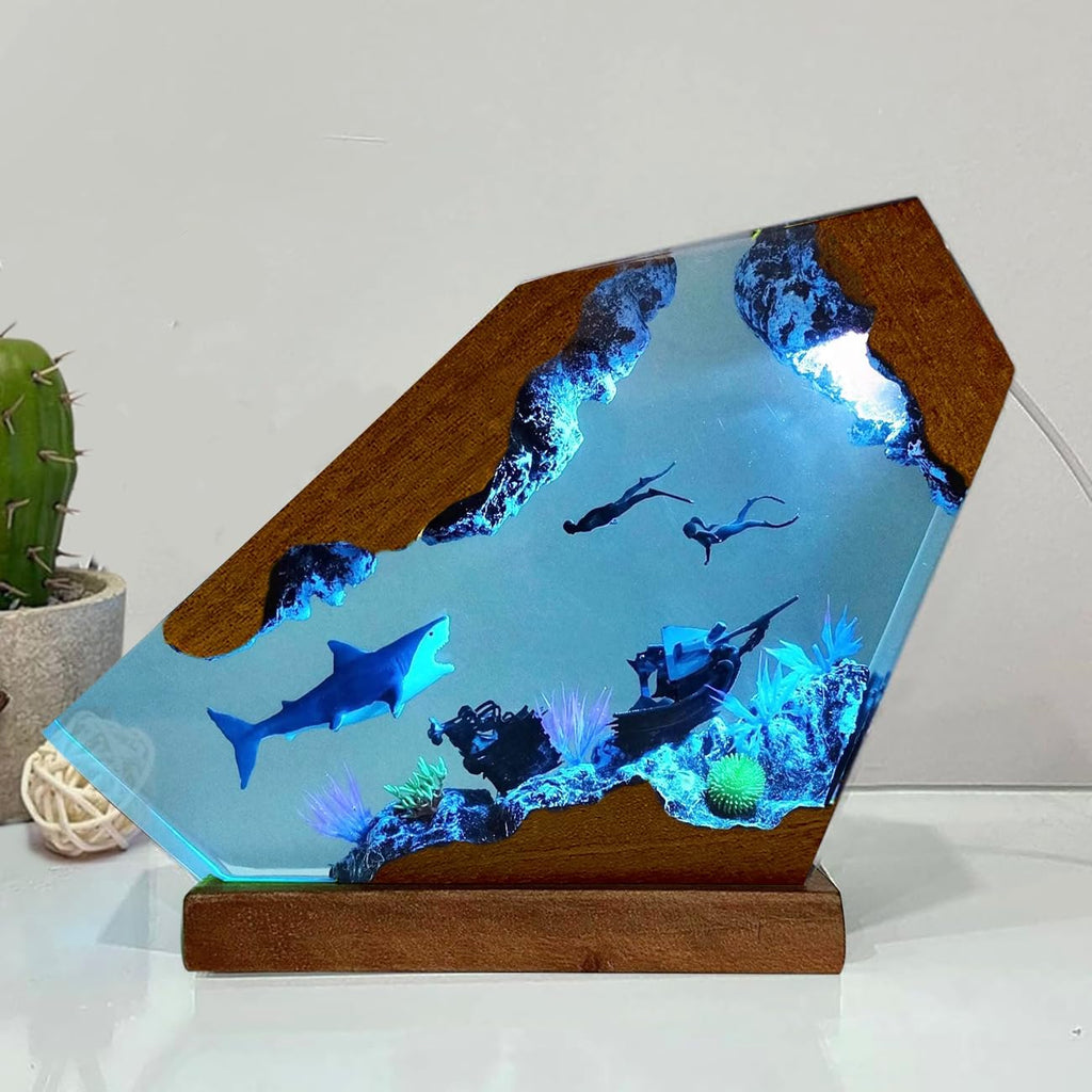 Shark Ocean Resin Lamp, Handmade Resin Night Light for Home Office Decor, Multi-Color LED Light with USB Port, Shark Gifts for Women & Men, Birthday Holiday Marine Biology Gifts for Kids (8'x5')
