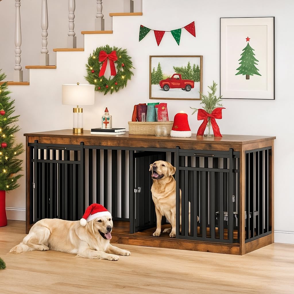 DWVO 71' Double Dog Crate Furniture for 2 Medium Dogs, Heavy Duty Wood Dual Dog Kennel TV Stand with Sliding Doors, Decorative Wooden 2 Dog Cage Table with Dog Bowls for Extra Large Dogs Rustic Brown