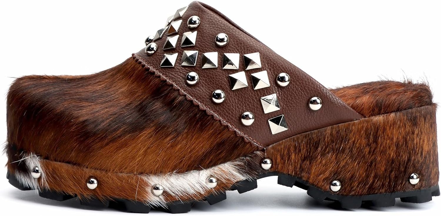 XOBZJH Platform Vintage Rivet Design Clogs for Women with Arch Support – Natural Calf Hair & Leather Patchwork Upper, Leather-Lined Slip-On Mules for All Day Comfort