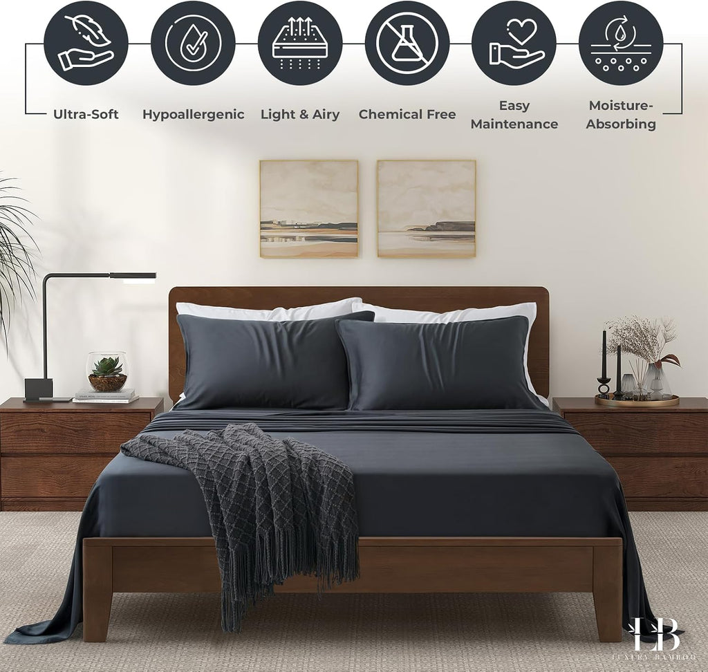 Luxury Bamboo Market | King Size Bed Sheet Set | 100% Viscose Made from Bamboo | Organically Grown | Ultra Soft | Cooling Sheets for Hot Sleepers | 17' Deep Pocket [Charcoal Grey]