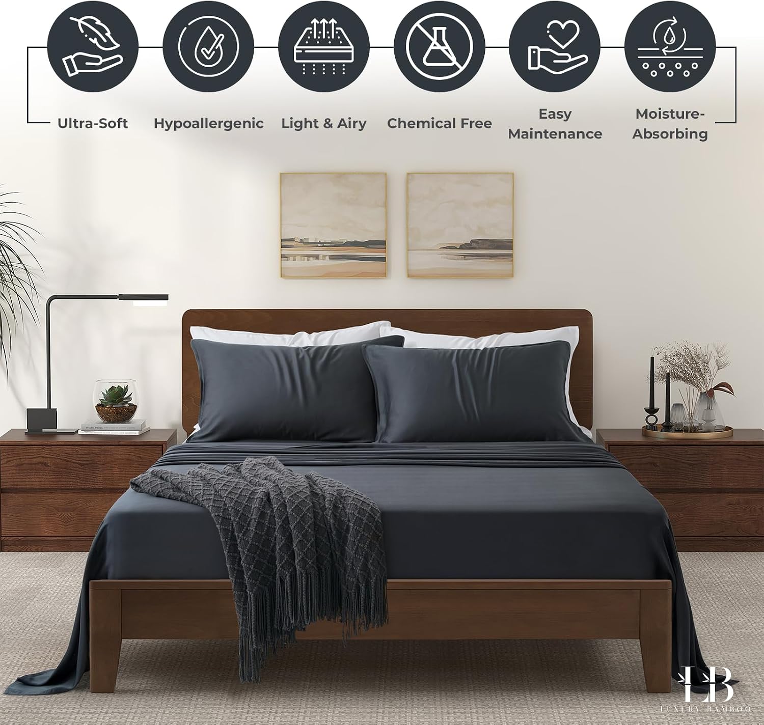 Luxury Bamboo Market | King Size Bed Sheet Set | 100% Viscose Made from Bamboo | Organically Grown | Ultra Soft | Cooling Sheets for Hot Sleepers | 17' Deep Pocket [Charcoal Grey]