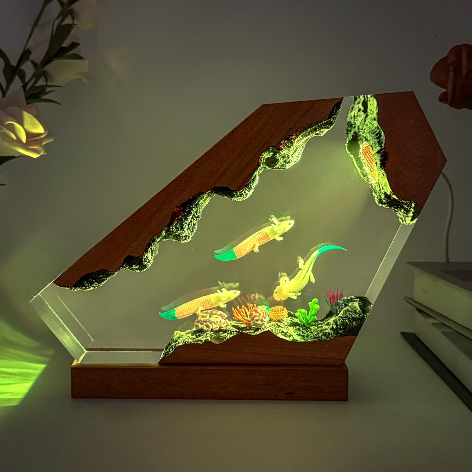 Axolotl Resin Lamp,Handcrafted 3D RGB Axolotl Night Light with Wooden Base for Home Office Decor,Unique Axolotl Gifts, Birthday Valentine's Day Gifts for Women & Men (M 8'X5')