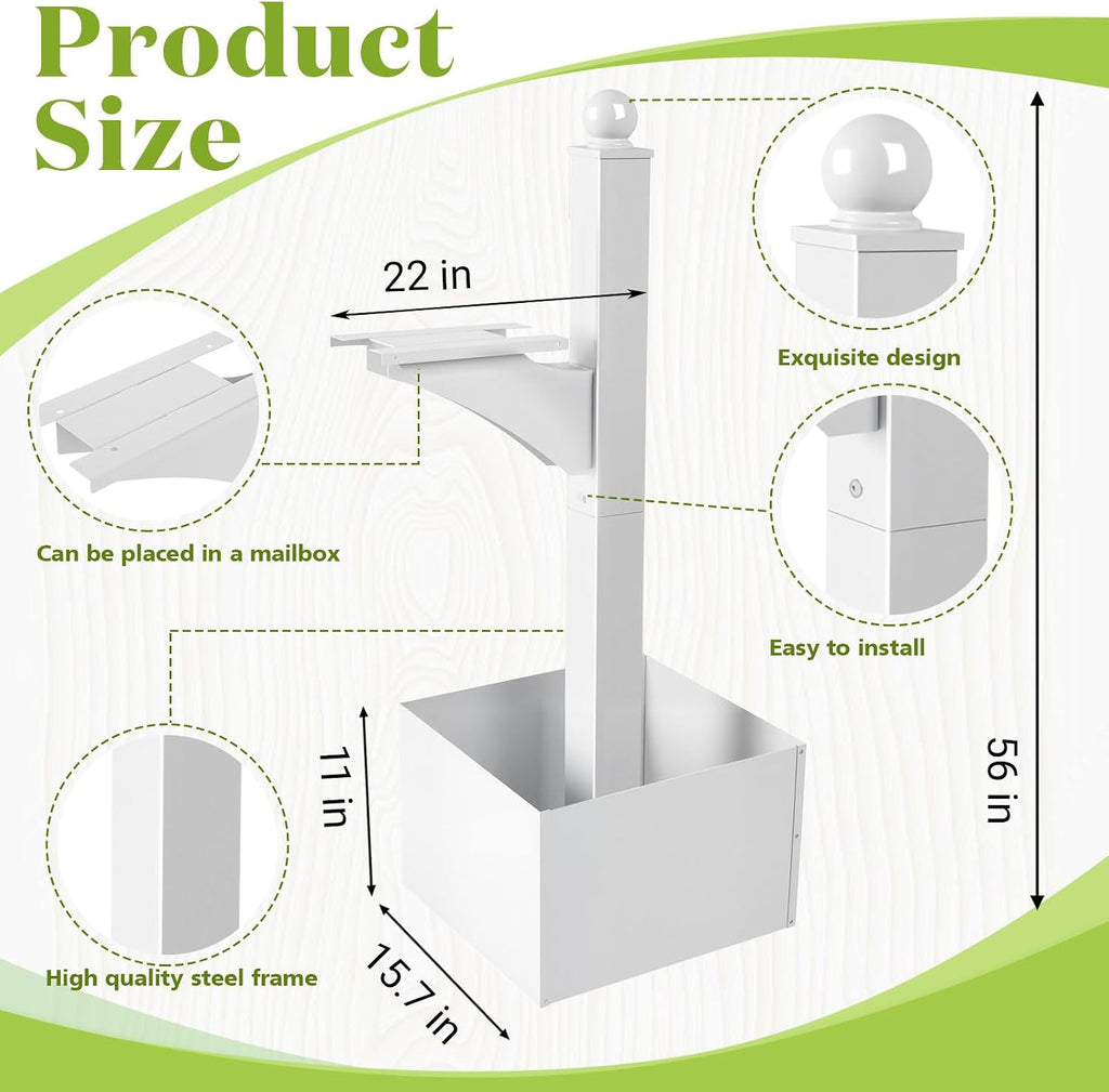 Colingmill 1 Set Iron Mailbox Posts with Planter Box for Outside 56 Inch / 4.6 ft Tall Decorative Mount with Flower Box Heavy Duty Architectural Post(White)