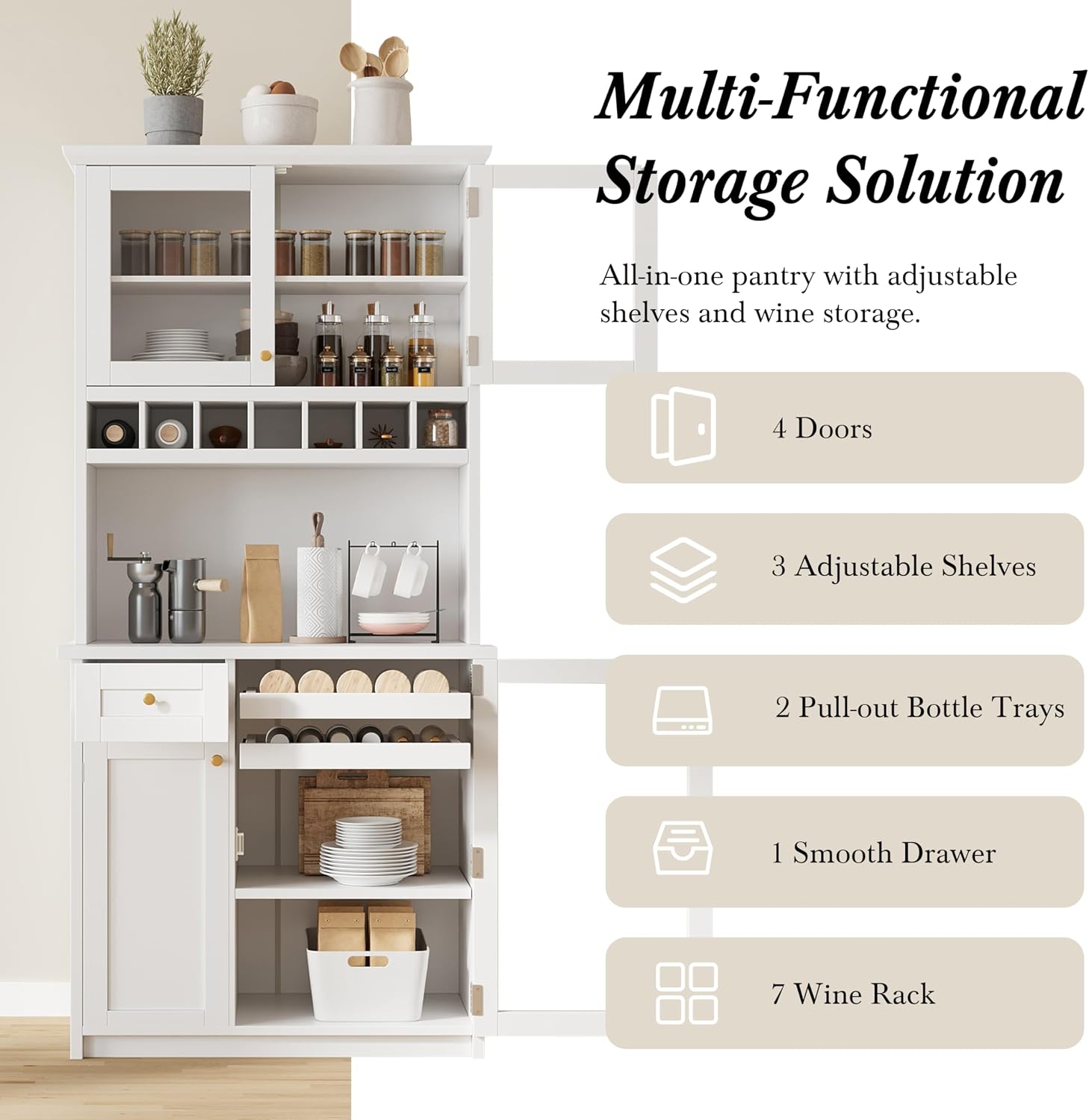 Modern 74.8 inch Tall Kitchen Pantry, Freestanding Buffet with Hutch, Kitchen Pantry Storage Cabinet with Wine Rack and Adjustable Shelves for Dining Room (White//1)