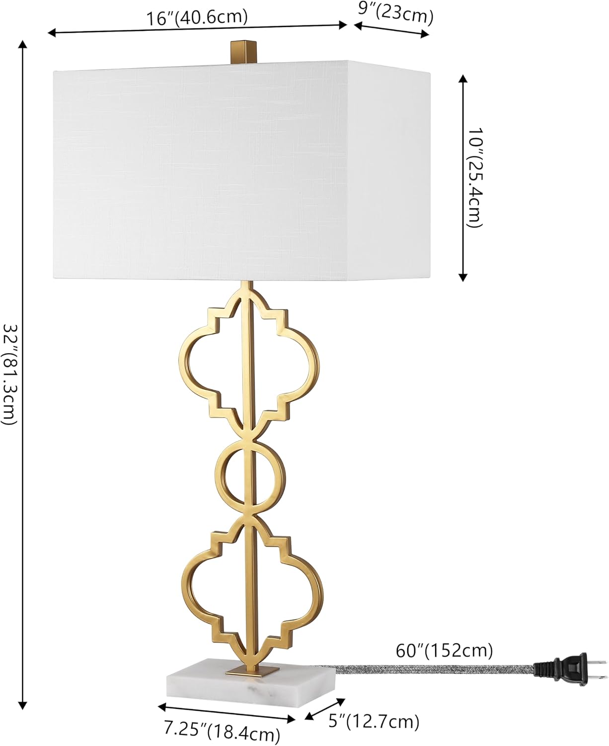 JONATHAN Y 32' Gold Selina Ogee Trellis LED Table Lamp, Glam Modern Iron Geometric Lamp for Living Room Bedroom, White Linen Rectangle Shade, LED Bulb Included JYL3072A