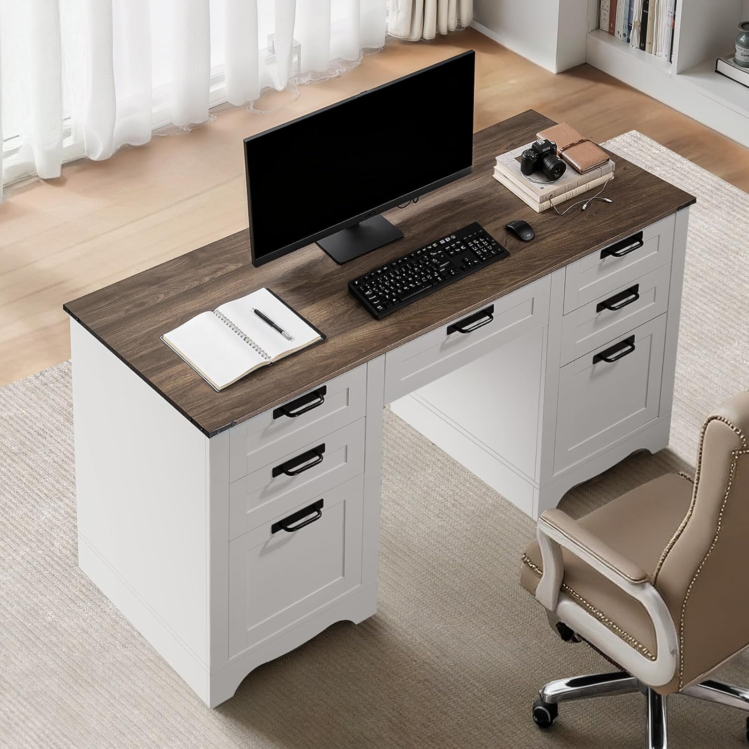 VEVOR 60' Executive Desk with Drawers, Farmhouse Home Office Desk with Charge Station, Keyboard Tray, File Storage Cabinet, 200 LBS Load Capacity Wood Table, Easy Assembly, for Work Study, Walnut