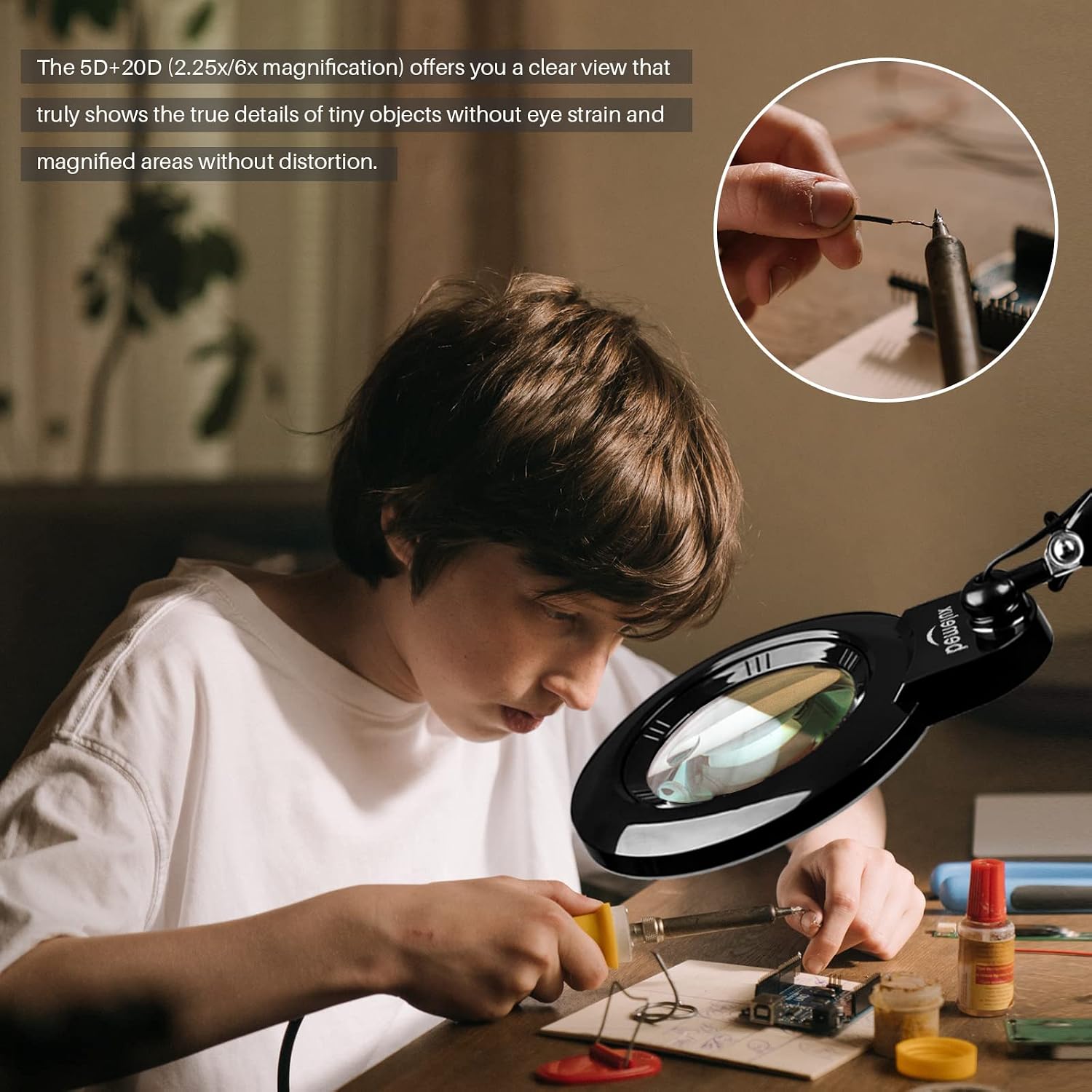 Bifocals Magnifying Desk Lamp with Clamp, 5 Diopter with 20 Diopter, 6 Inch Detachable Lens and 120PCS LEDs, 3 Color Modes 1200 Lumens Swivel Arm Magnifying Lamp with Light for Crafts (Black)