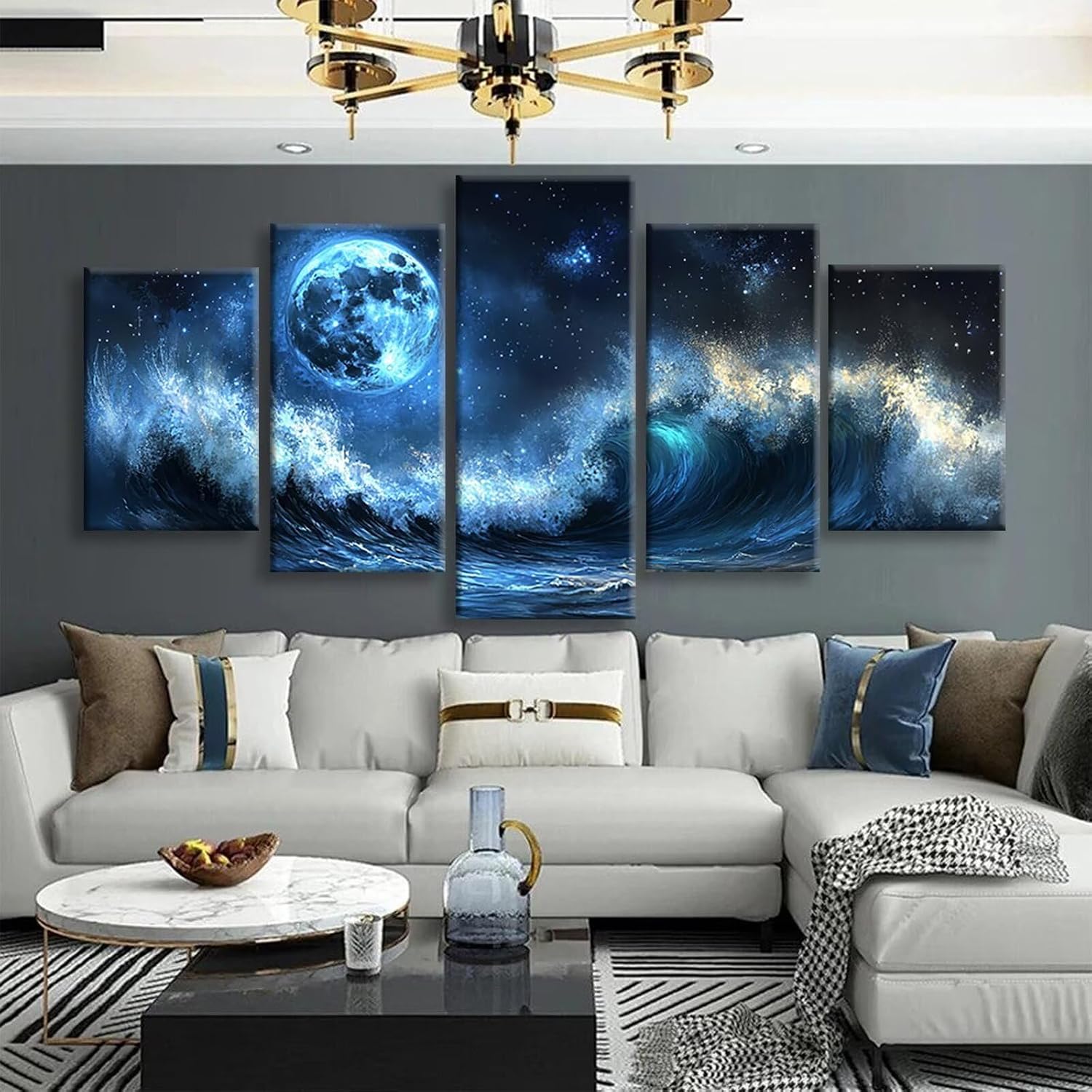 Starry Sky Diamond Art 5 Piece Diamond Painting Waves 5D DIY Full Square Drill Dimond Art Paintings Crystal Crafts for Adults Gem Painting for Home Decor, Large Artwork for Wall 48 x 100 Inch,Model468