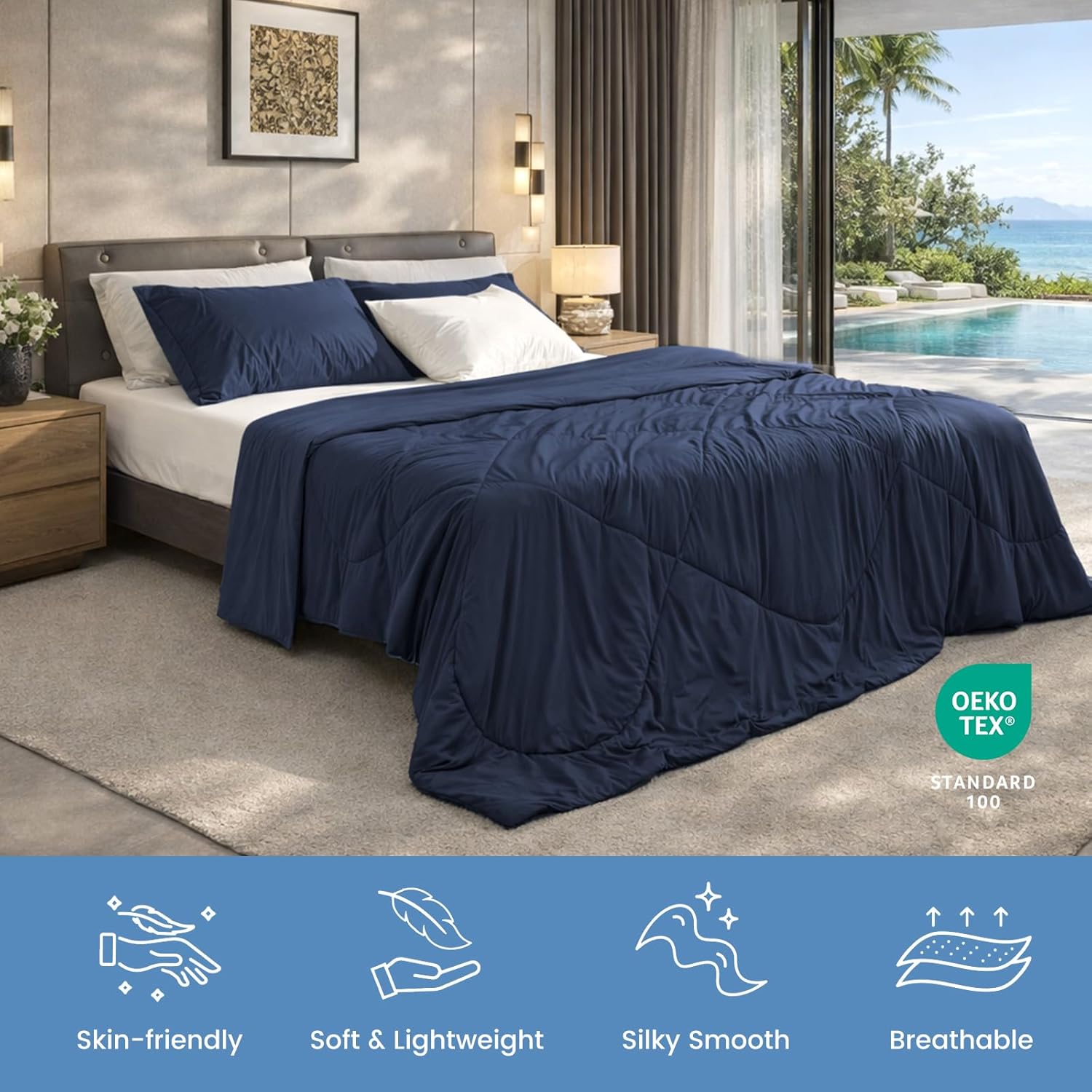 Cozy Bliss Cooling Comforter King Size, Cooling Blankets for Hot Sleepers and Night Sweats, Dark Blue Summer Comforter for King Size Bed, Breathable Soft Lightweight Silk Smooth