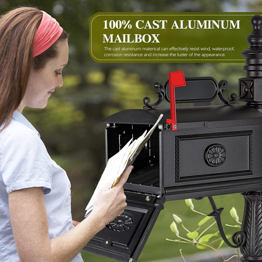 Polar Aurora Barcelona Decorative Post Mailbox Combination Stratford Heavy Duty Postal Mail Box Cast Aluminum(Black)