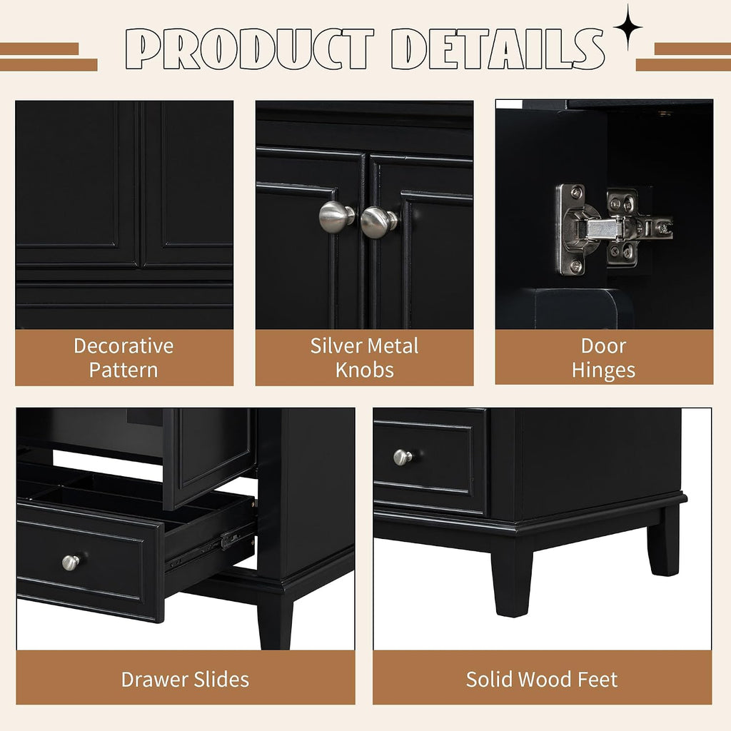 Flieks 30' Bathroom Vanity with Sink Combo, Multi-Functional Bathroom Cabinet with Doors and Drawer, Solid Frame and MDF Board, Black
